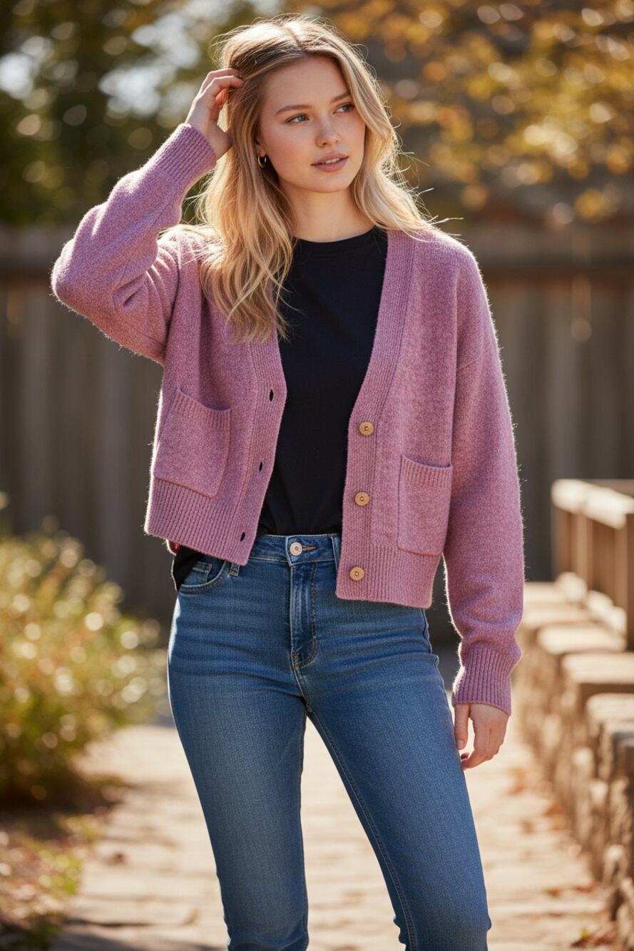 Abercrombie & Fitch Pink Knit Tan Button Pocket Cropped Cardigan Sweater Size XS